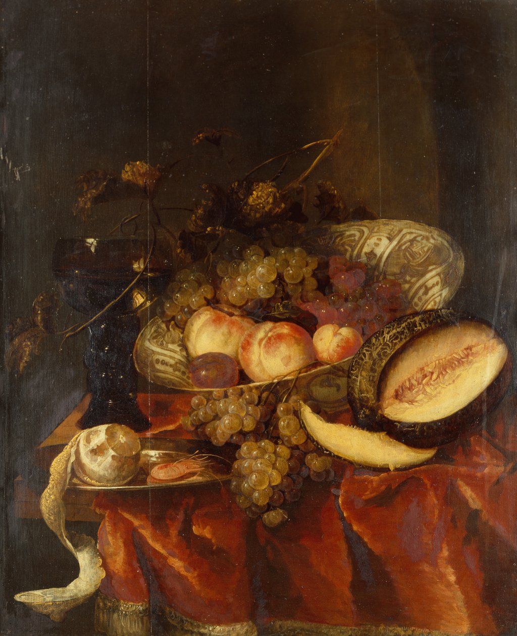 Frugt i en Wanli Kraak porcelænsskål med glas, melon og tin tallerken (olie) af Abraham Hendricksz van Beyeren