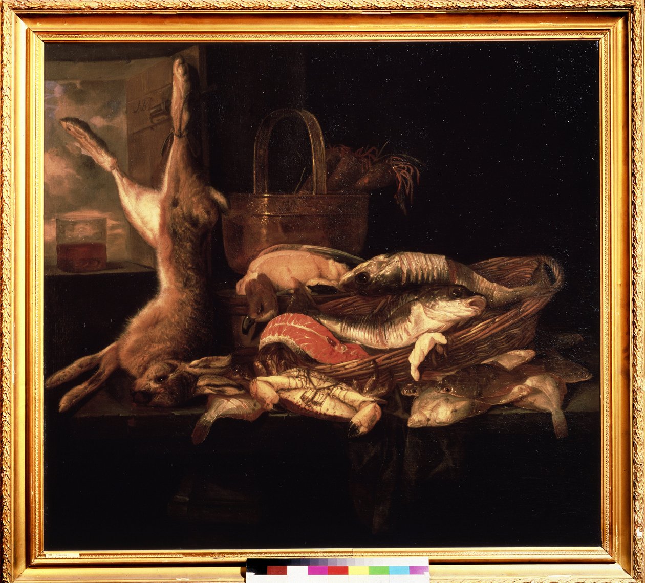 "Stilleben med fisk og en død hare" Maleri af Abraham Hendricksz van Beyeren (1620/21-1690) (ec. holl.) Pushkin-museet fra det 17. århundrede, Moskva af Abraham Hendricksz van Beyeren