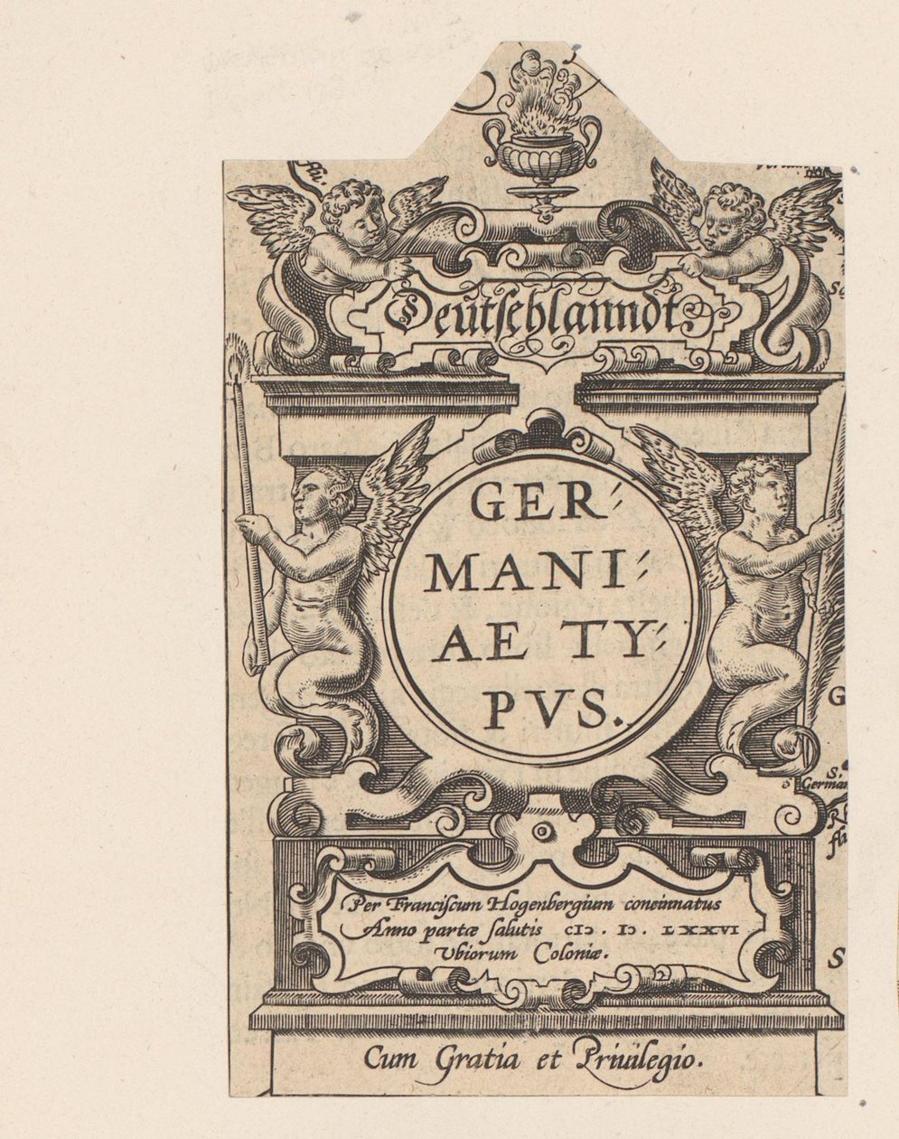 Cartouche met vier putti Cartouche af en kort fra Tyskland Tyskland Type af Tyskland (titel på objekt) Theatrum Orbis Terrarum (serietitel) af Abraham Hogenberg