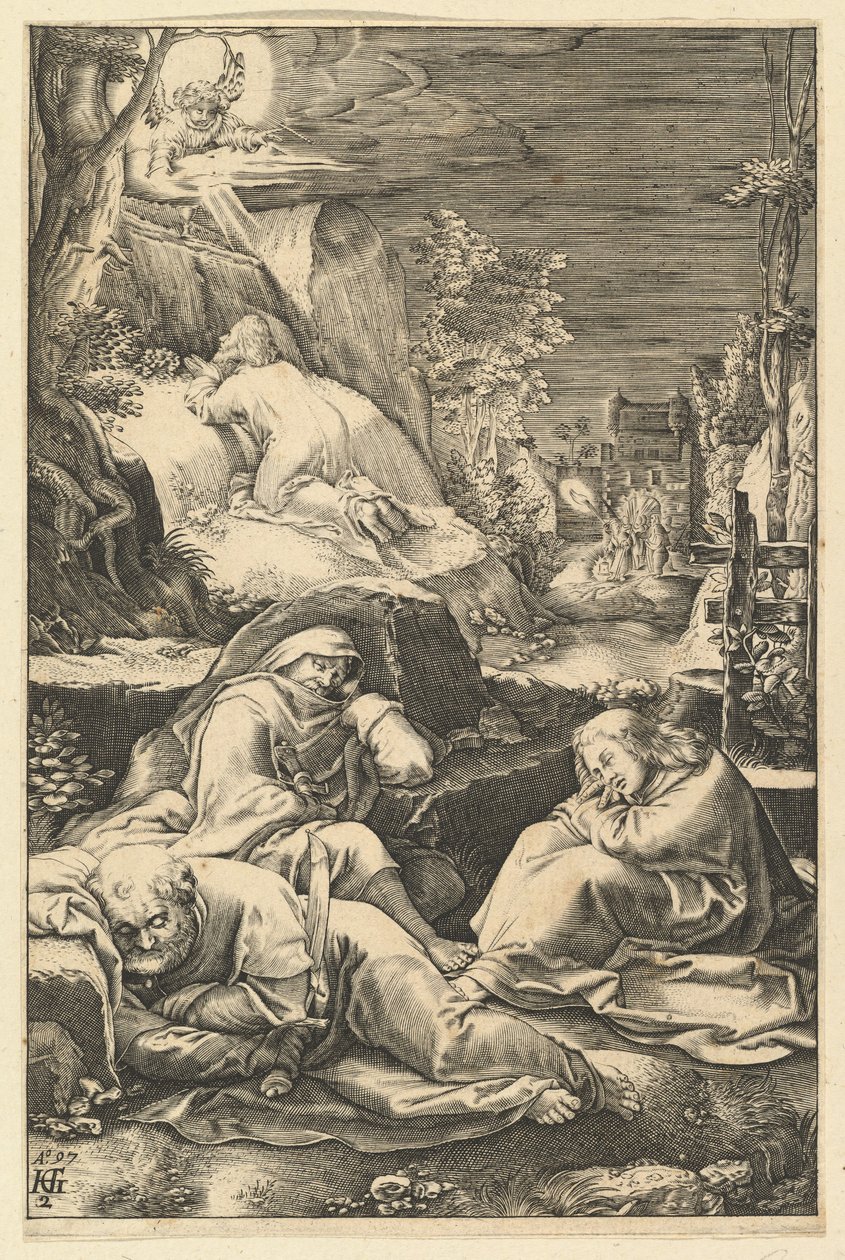 Kvalen i haven, fra The Passion of Christ, ca. 1598-1653. af Abraham Hogenberg