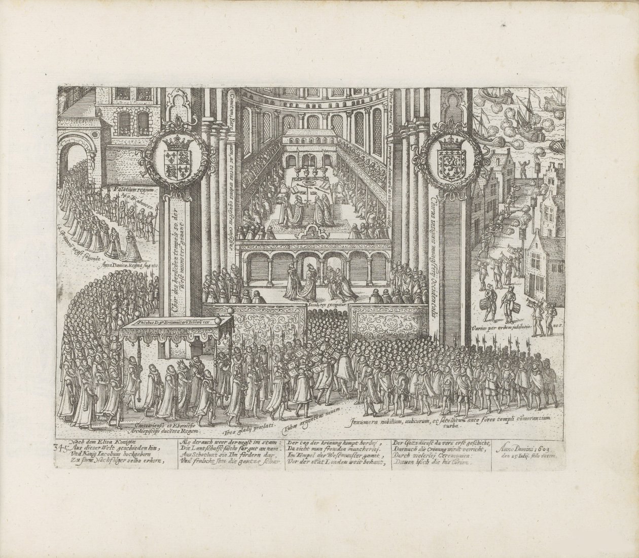 Udsigt over det ydre af Westminster Abbey under kroningen af James I, 1603-1604. af Abraham Hogenberg