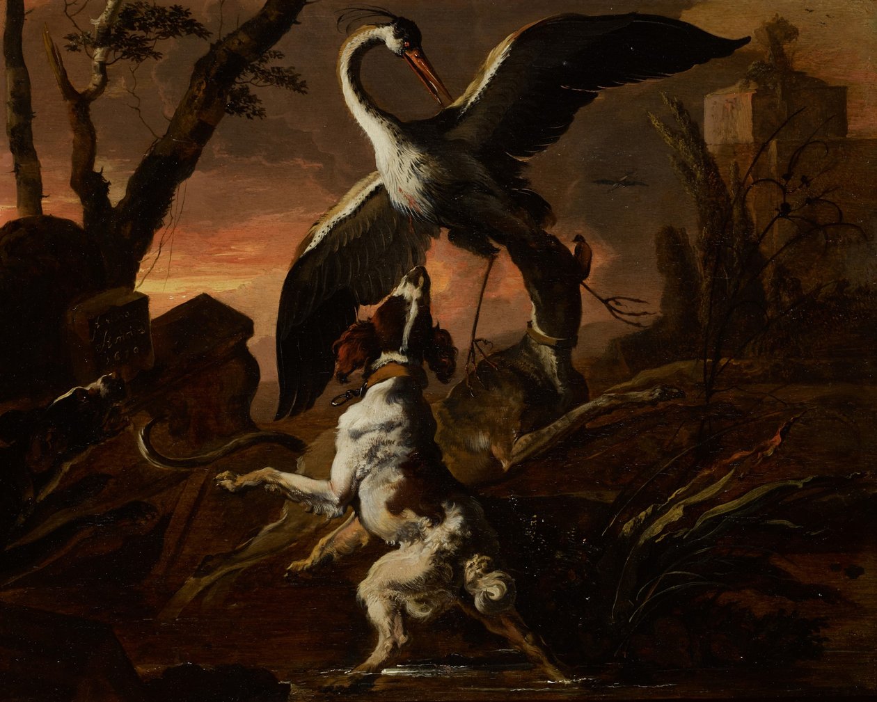 Tre hunde angriber en kran i et landskab af Abraham Hondius