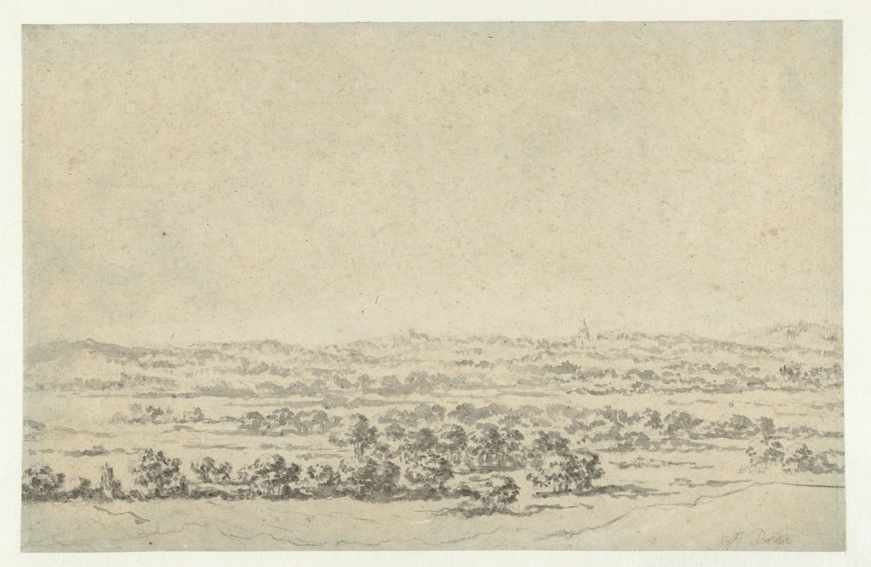 Flodlandskab med et tårn i det fjerne af Abraham Jansz Begeyn