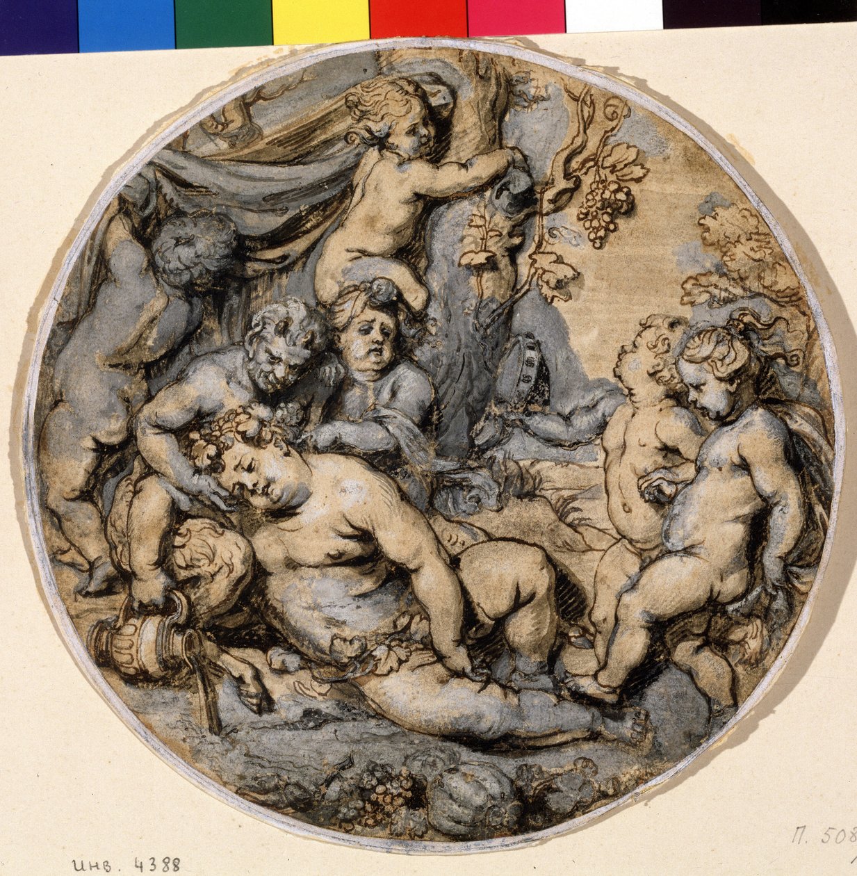 ""Bacchus endormi"" (Sovende Bacchus) Han er omgivet af putti, satyr Blæktegning af Abraham Jansz van Diepenbeeck (1596-1675) Pushkin-museet fra det 17. århundrede, Moskva af Abraham Jansz. van Diepenbeeck