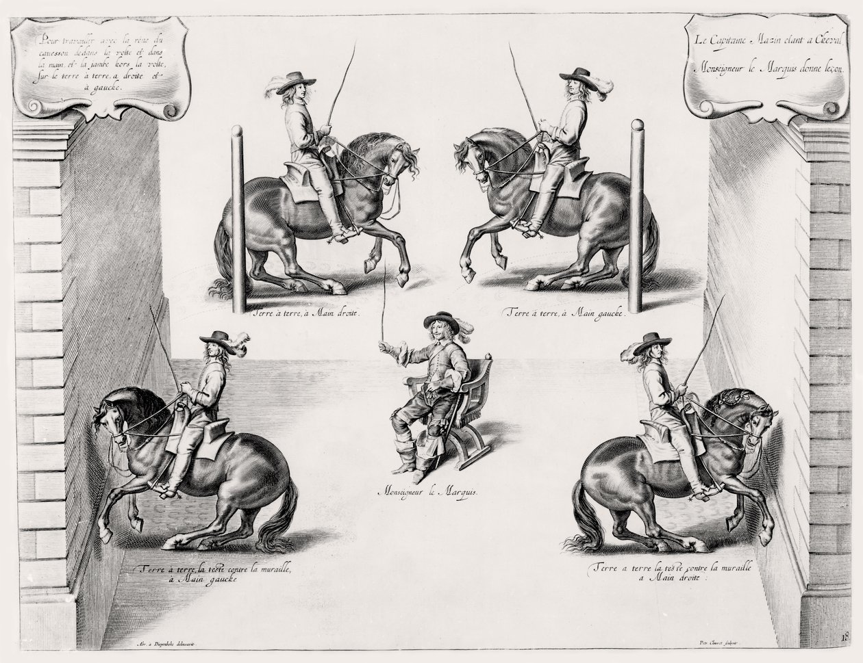 Illustration fra en ridemanual, indgraveret af Peeter Clouwet (1629-70), 1658 af Abraham Jansz. van after Diepenbeeck