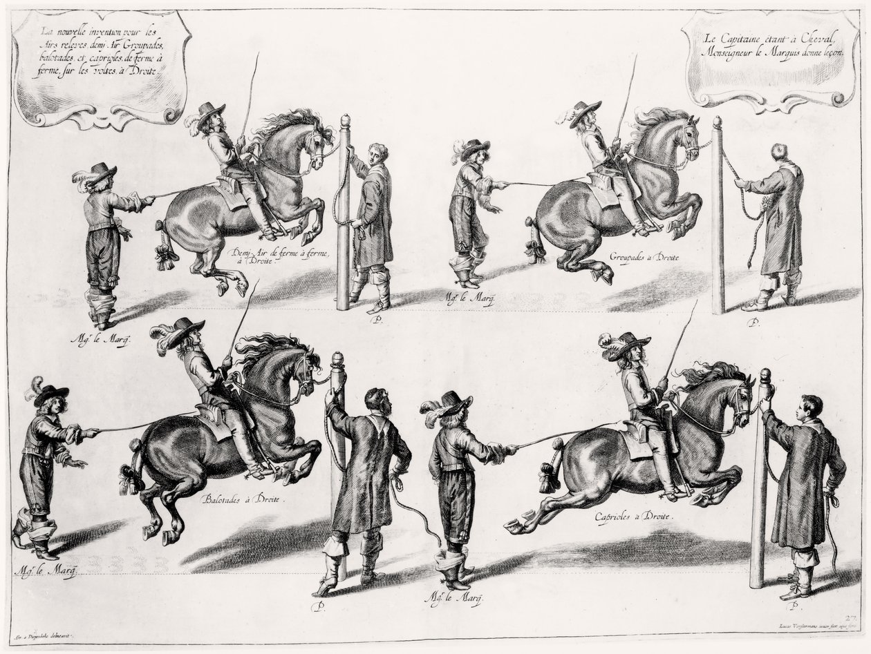Illustration fra en ridemanual, indgraveret af Peeter Clouwet (1629-70), 1658 af Abraham Jansz. van after Diepenbeeck