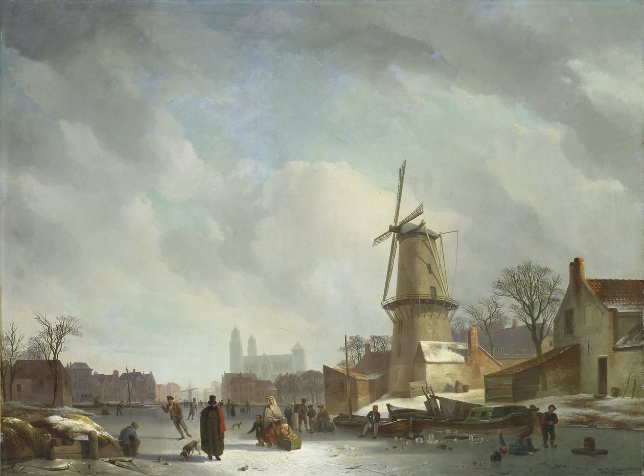 Boller på en frossen kanal i en by af Abraham Johannes Couwenberg