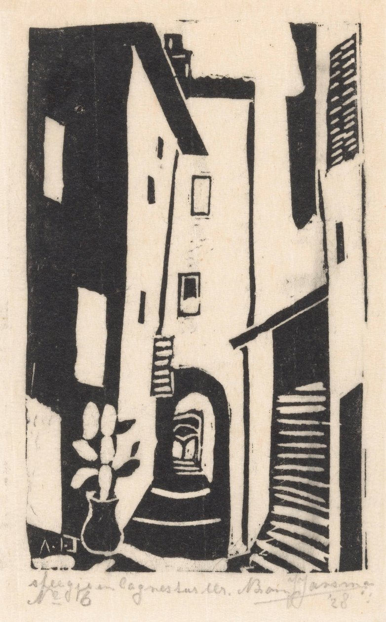 Gadeudsigt med trapper i Cagnes-sur-Mer Alley i Cagnes-sur-Mer (titel på objekt) af Abraham Johannes Jansma (signed by artist)
