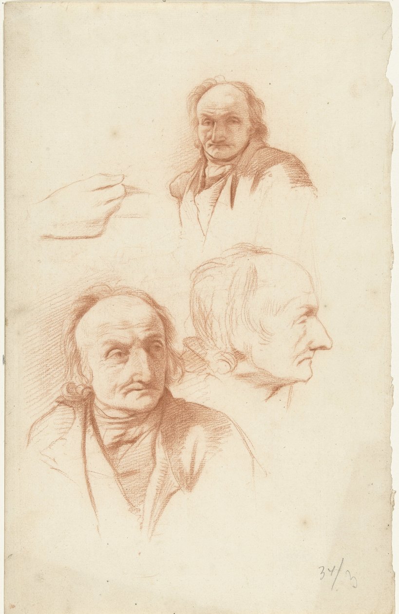 Tre studier af en gammel mands hoved og en hånd af Abraham Johannes Ruytenschildt