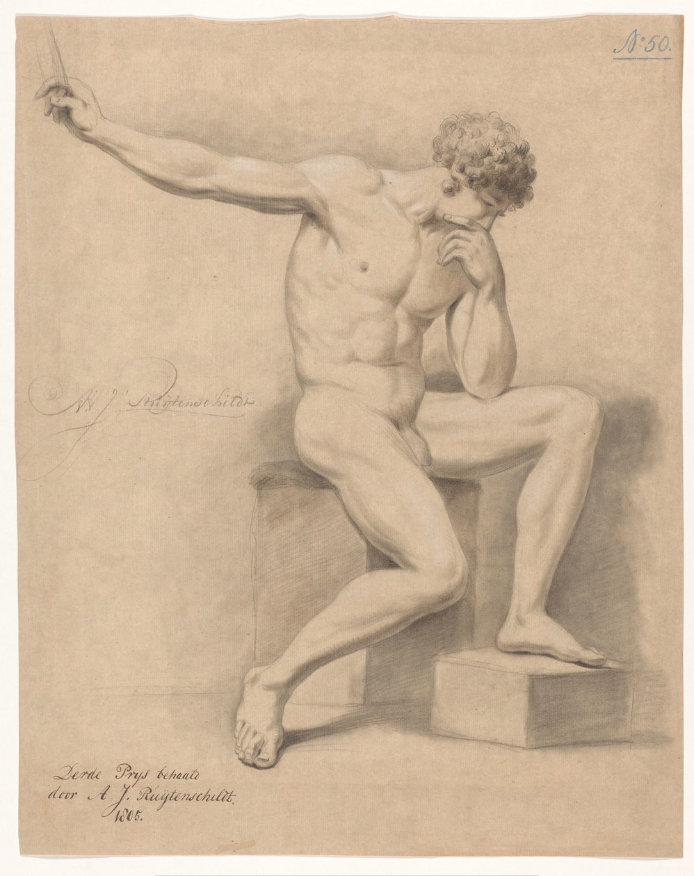 Siddende mand nøgen, set forfra (3. præmie 1805) af Abraham Johannes Ruytenschildt