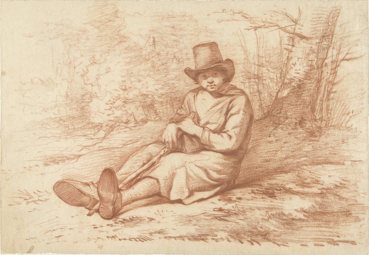 Siddende dreng med hat og stok, ved et træ af Abraham Johannes Ruytenschildt