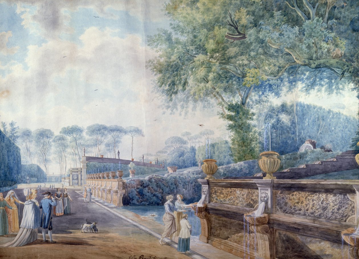 Haverne i Palazzo Doria Pamphilj, Rom (pen, blæk og akvarel) af Abraham L. Rudolph (attr. to) Ducros