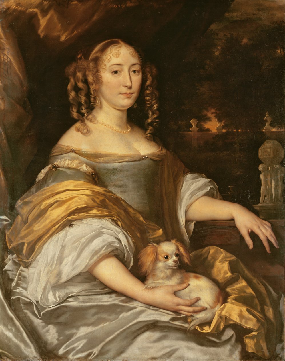 Portræt af en ung dame i blå kjole med skødehund af Abraham Lambertsz van den Tempel