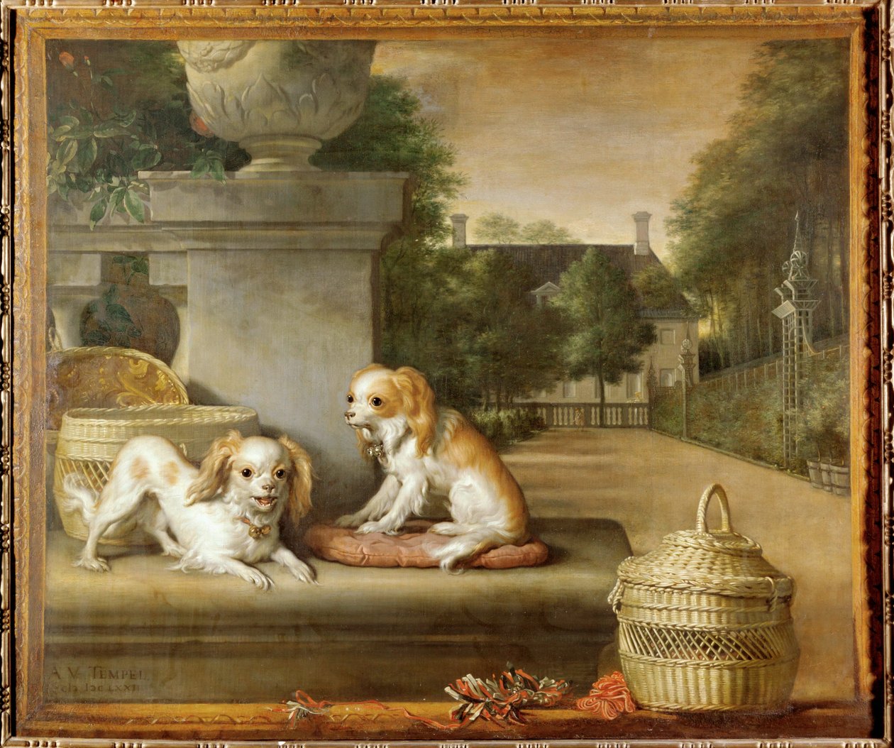 To hunde i en park, hundekurve og et landsted af Abraham Lamberts Jacobsz van den Tempel