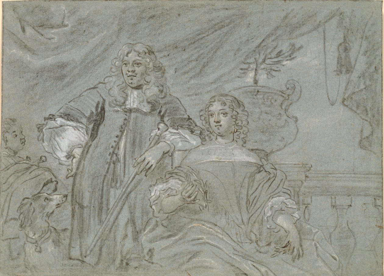 Gruppe af en siddende dame og en stående herre, knæfigurer. I baggrunden en sort afrikaner og en hund, t.h. en ballustrade af Abraham Lambertsz. van den Tempel