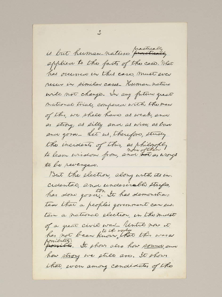 Autografmanuskript af Lincolns valgsejrstale som præsident, leveret i Washington D.C. fra vinduet i Det Hvide Hus om aftenen den 10. november af Abraham Lincoln