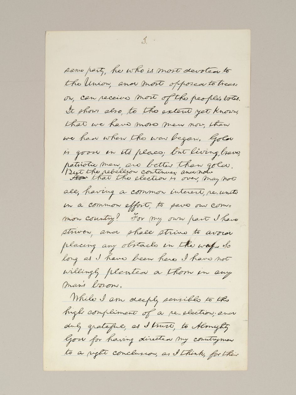 Autografmanuskript af Lincolns valgsejrstale som præsident, leveret i Washington D.C. fra vinduet i Det Hvide Hus om aftenen den 10. november af Abraham Lincoln