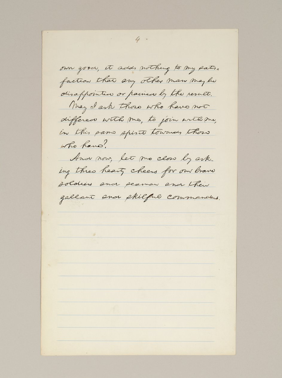 Autografmanuskript af Lincolns valgsejrstale som præsident, leveret i Washington D.C. fra vinduet i Det Hvide Hus om aftenen den 10. november af Abraham Lincoln