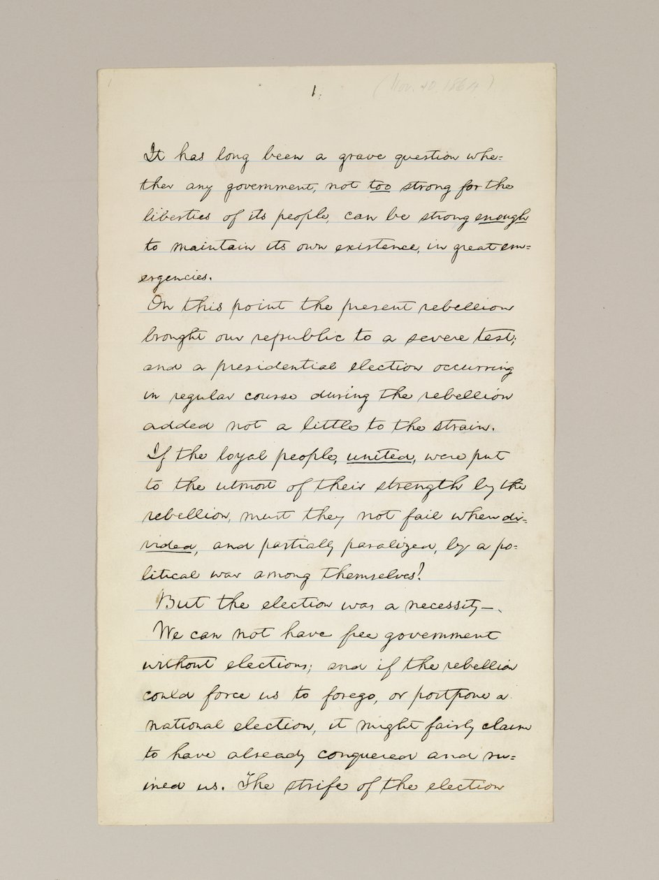Autografmanuskript af Lincolns valgsejrstale som præsident, leveret i Washington D.C. fra vinduet i Det Hvide Hus om aftenen den 10. november af Abraham Lincoln