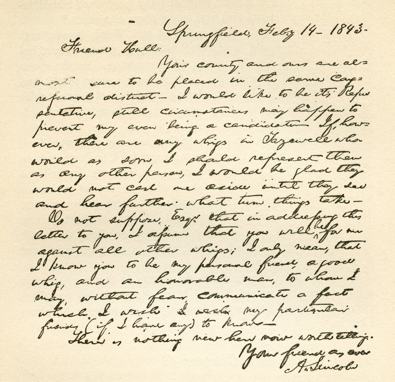 Brev fra Abraham Lincoln til Alden Hall, dateret 14. februar 1843 af Abraham Lincoln