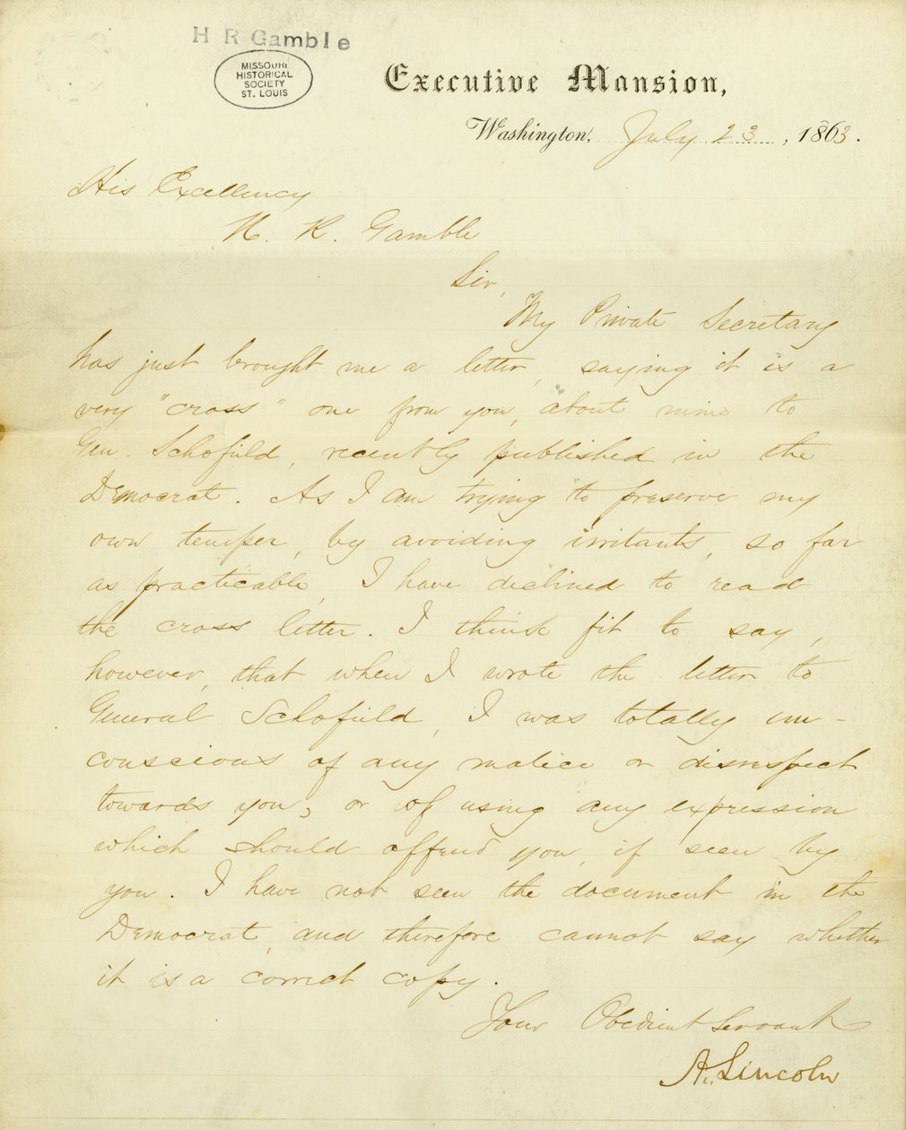 Brev underskrevet A. Lincoln, Executive Mansion, Washington, til Hans Excellence, H.R. Gamble, 23. juli 1863 af Abraham Lincoln