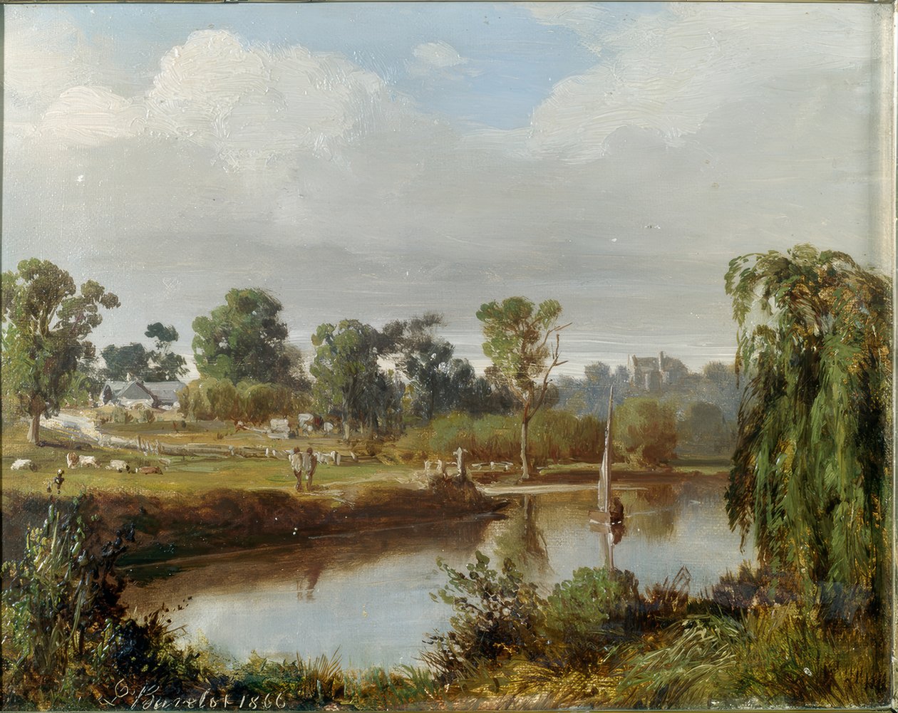 Flod med sejlbåd (Australsk landskab, Melbourne-området) af Abraham Louis Buvelot