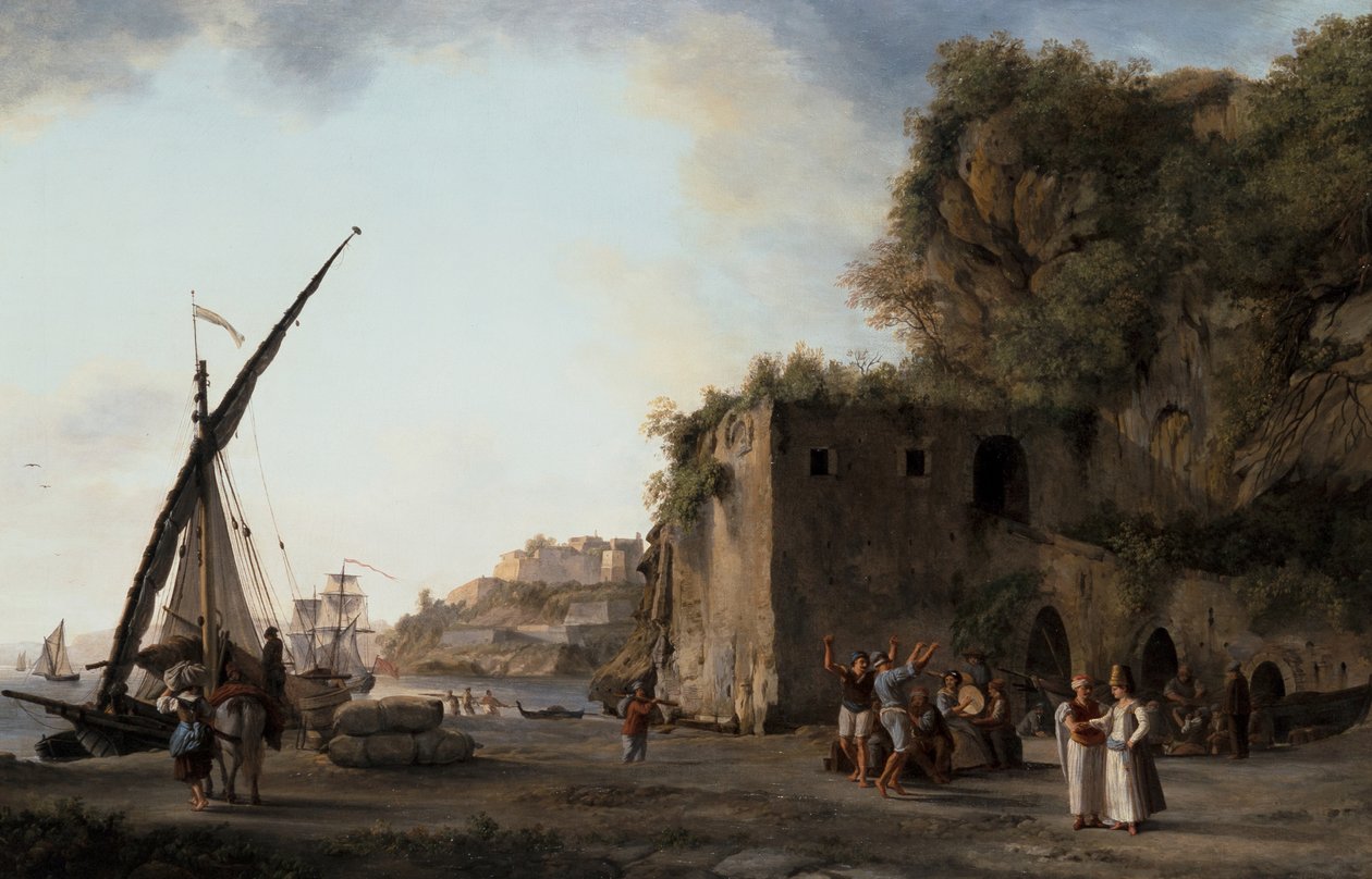Par: Havneudsigt med købmænd og sømænd, der spiller musik af Abraham Louis Rudolph Ducros