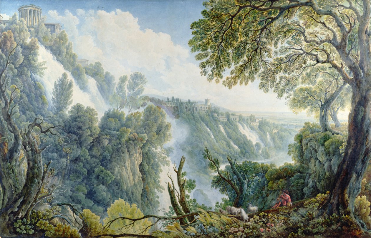 Tivolis fald med en mand, der sidder under Sibyllens tempel (pen, blæk, wc, gouache) af Abraham Louis Rudolph Ducros
