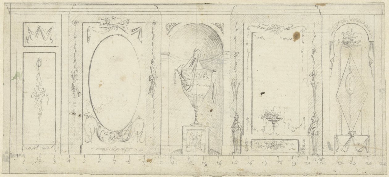Design til rumindretning med fem paneler, den midterste med dekorativ vase af Abraham Meertens