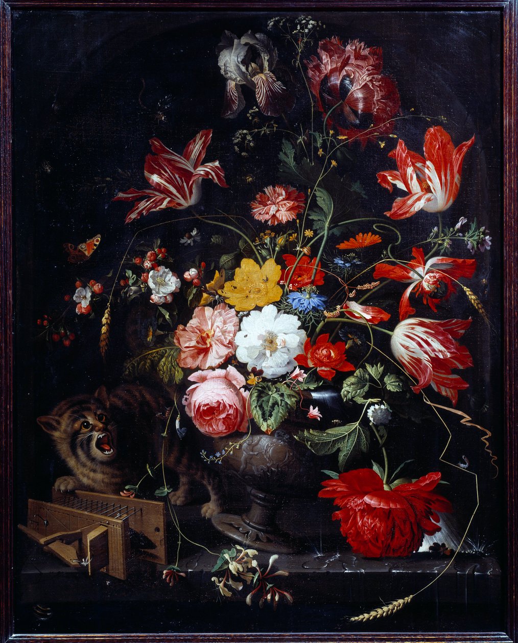 Kat vælter en blomstervase. Maleri af Abraham Mignon (1640-1679) ec. alle af Abraham Mignon