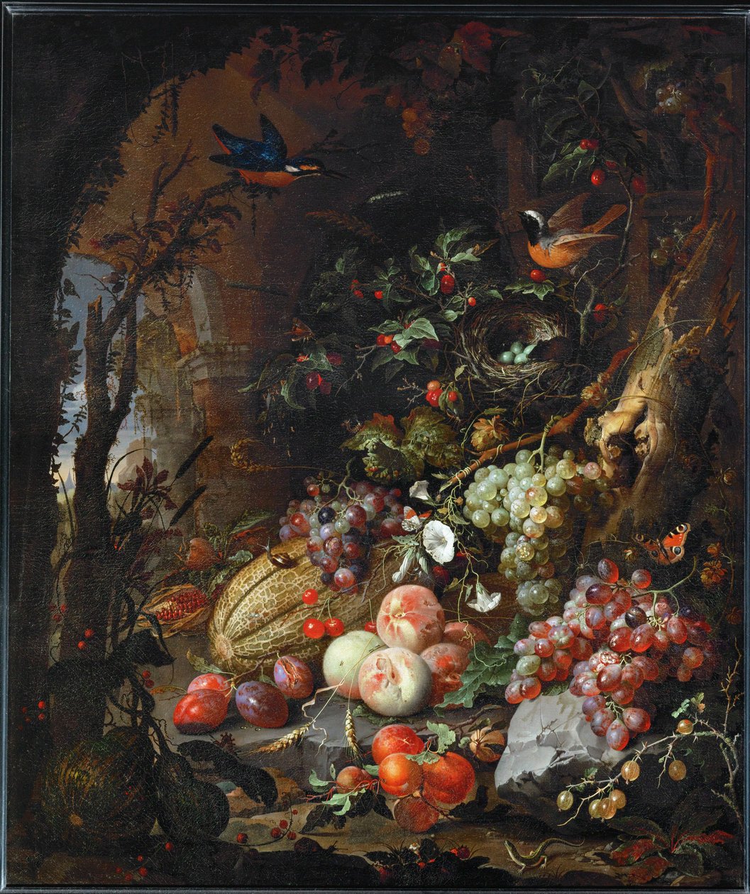 Blomster, frugt, fugle og insekter i et landskab af ruiner ... af Abraham Mignon