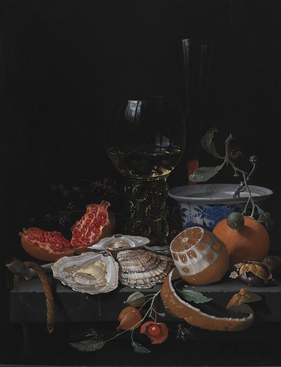 Østers, frugt og et vinglas på et stenbord af Abraham Mignon