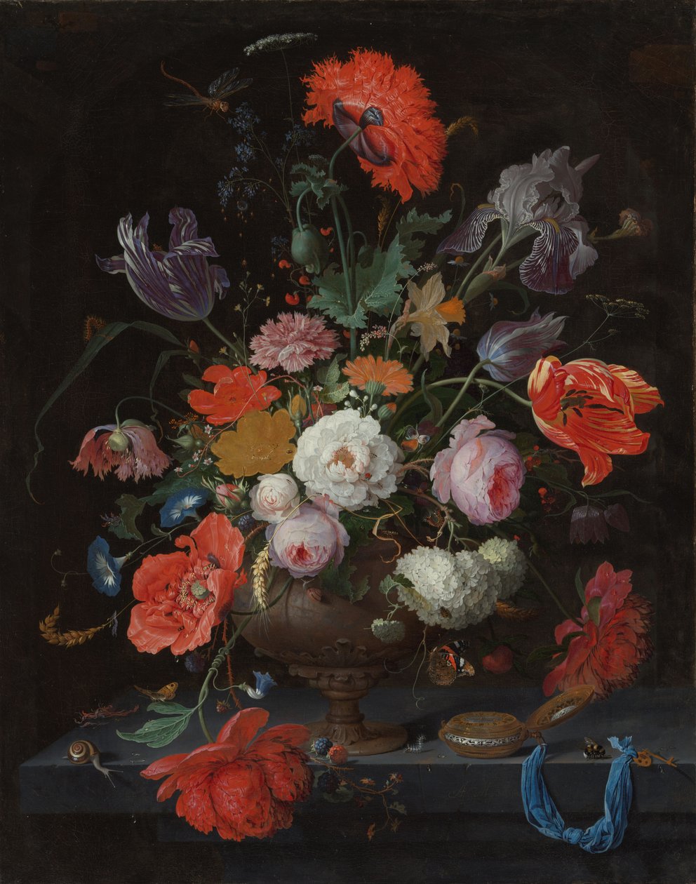 Stilleben med blomster og et ur, ca. 1660-79 (olie på lærred) af Abraham Mignon