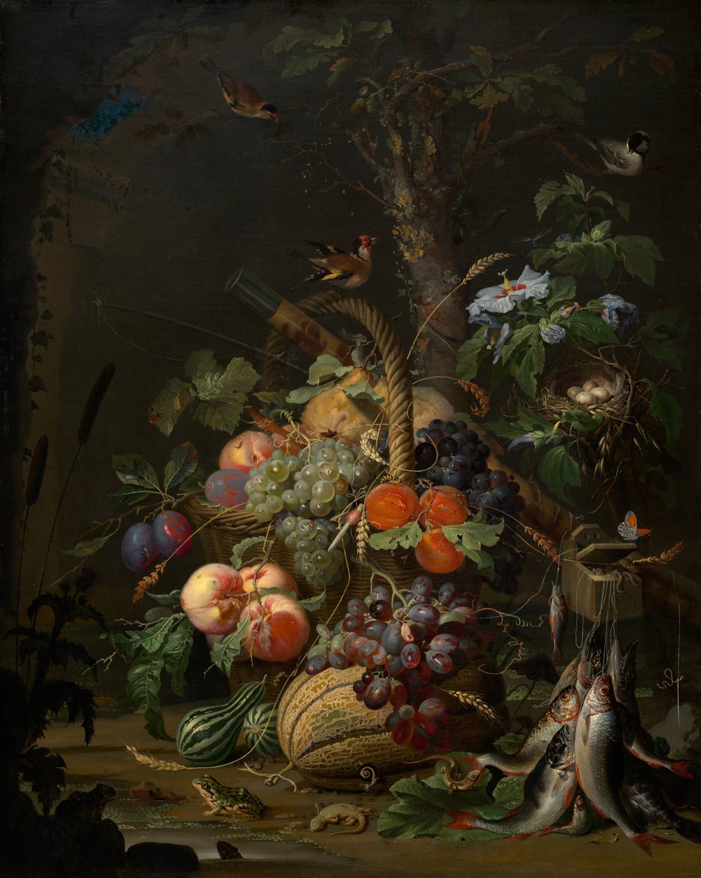 Stilleben med frugt, fisk og en rede af Abraham Mignon