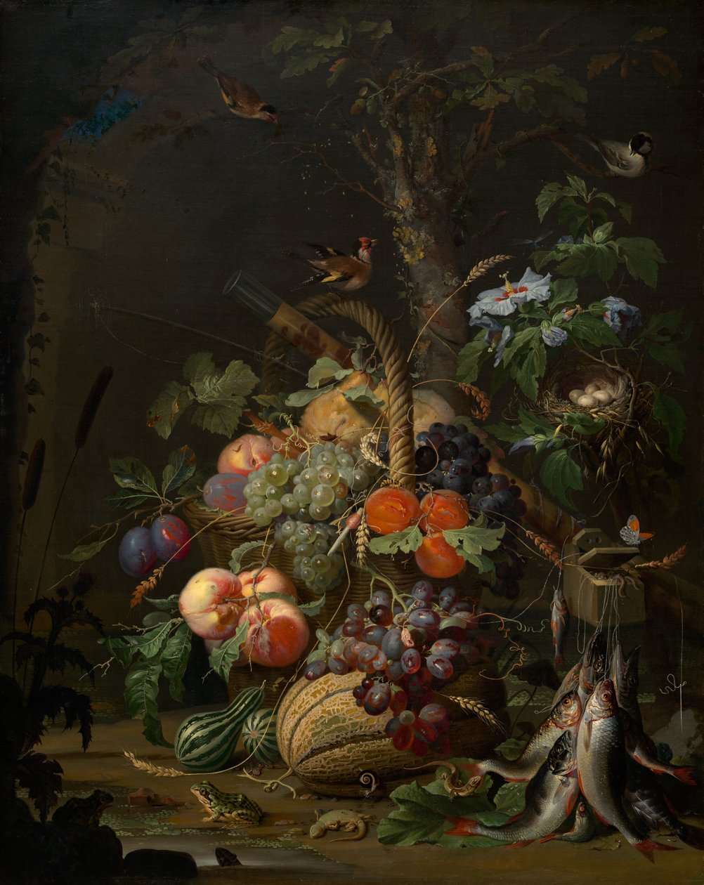 Stilleben med frugt, fisk og en rede, ca. 1675. af Abraham Mignon