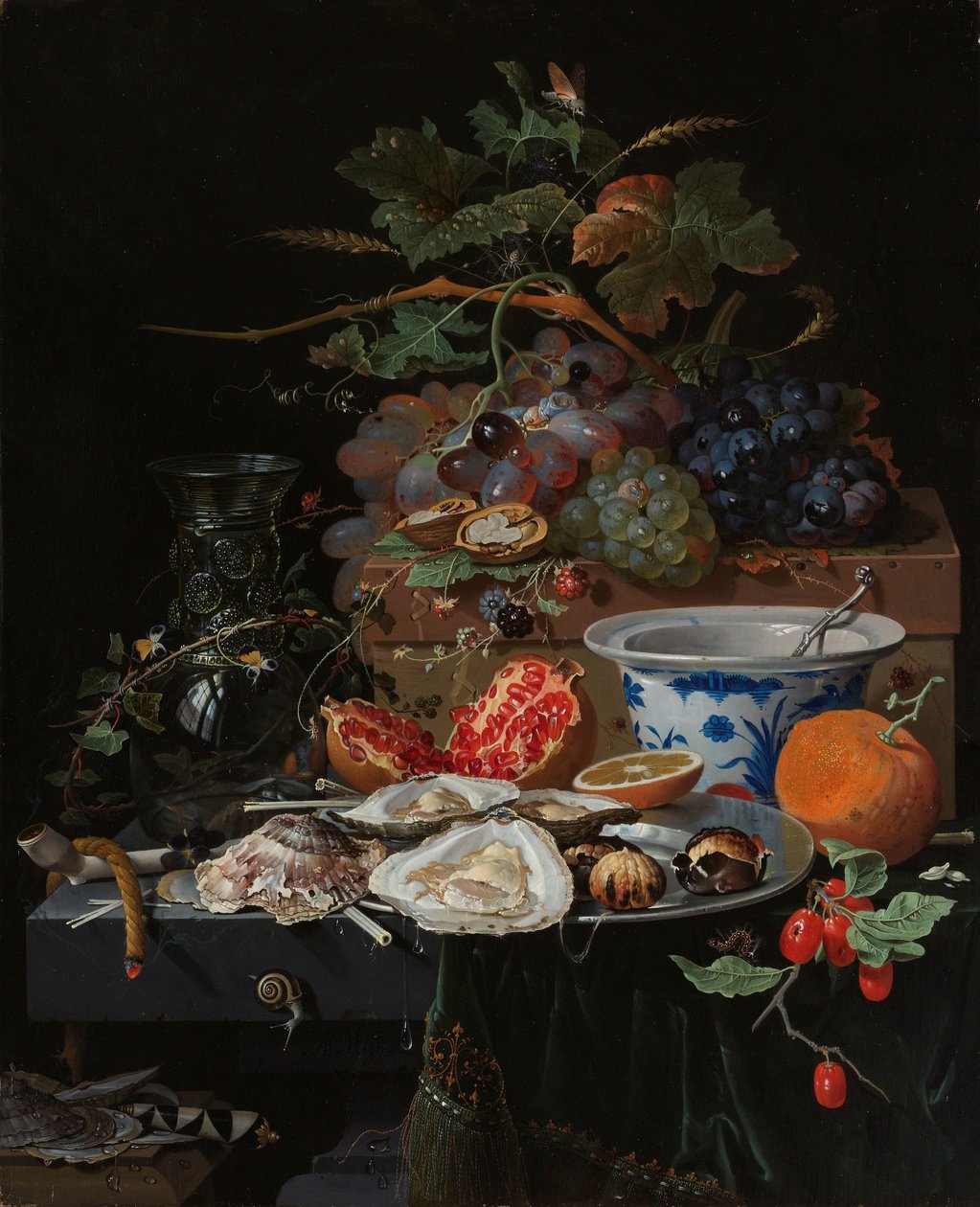 Stilleben med frugt, østers og en porcelænsskål af Abraham Mignon