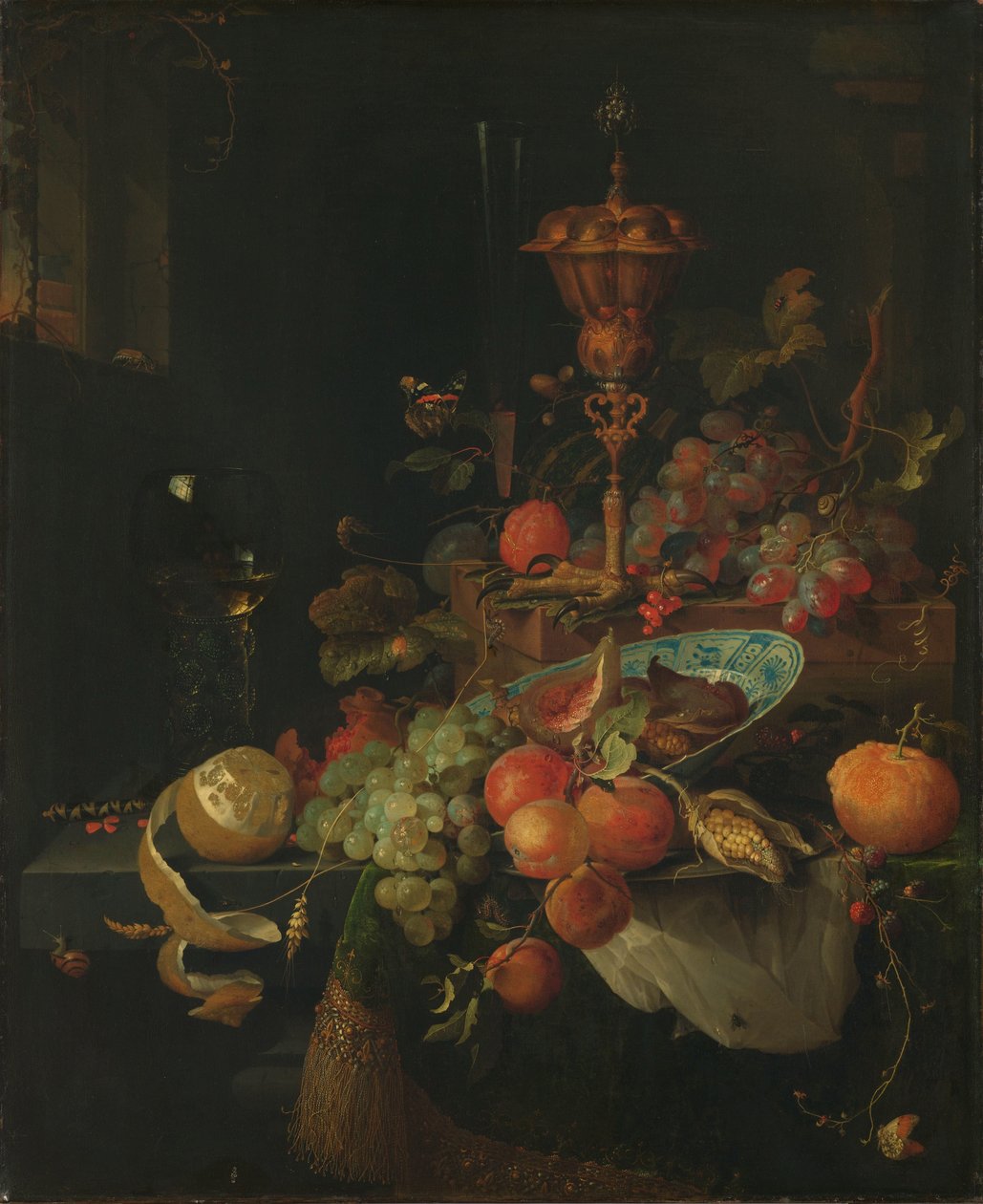 Stilleben med frugt og et bægerglas på en hanefod af Abraham Mignon
