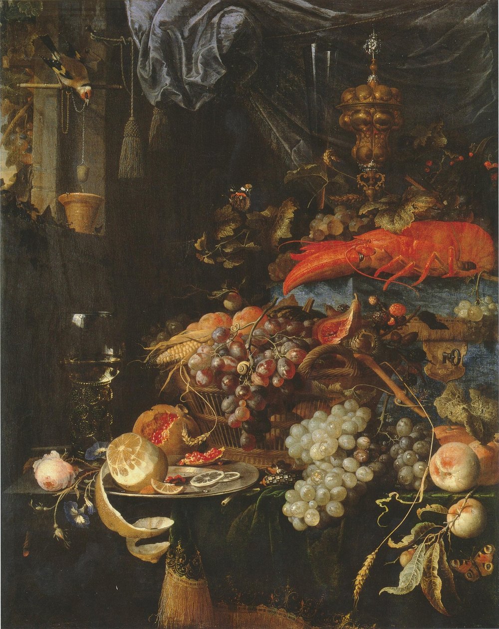 Stilleben med frugt, en hummer og en guldfinke af Abraham Mignon
