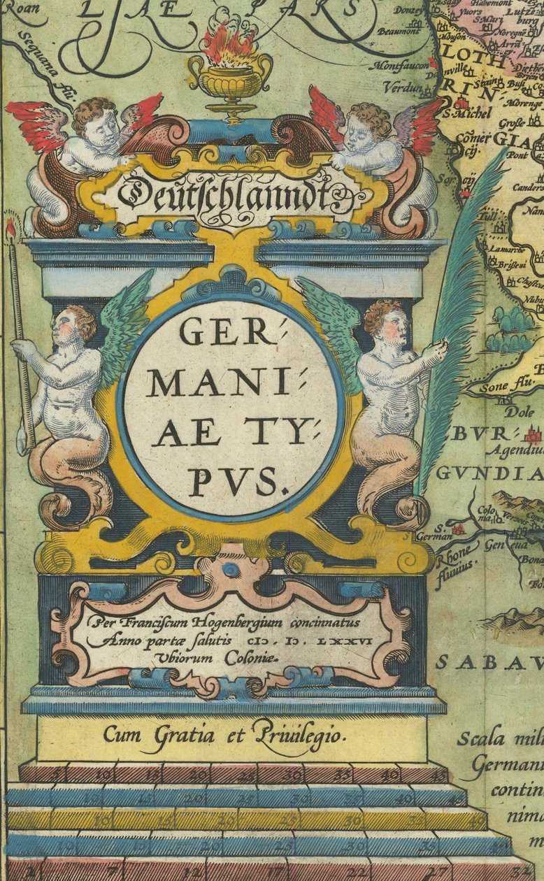 1608-kartouche med integreret vægt af Abraham Ortelius