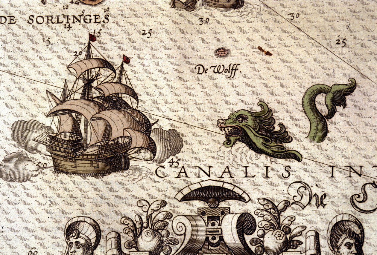 Et marinemonster, der angriber en galjon (karavel). Detalje af et kort i "Theatrum Orbis Terrarum" af Abraham Ortelius, Antwerpen 1584 af Abraham Ortelius