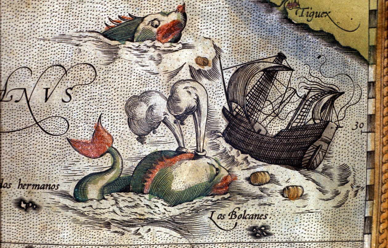 En hval angriber et skib. Tallerken fra en udgave af "Theatrum Orbis Terrarum" af kartografen Abraham Ortelius (1527-1598) af Abraham Ortelius