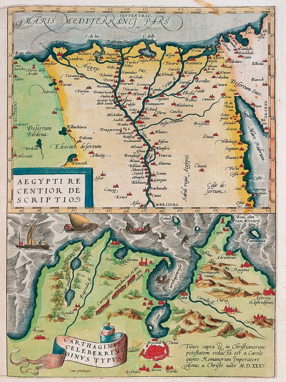 En nyere Beskrivelse af Ægypten. - Carthage Bay Type Geografisk kort over Egypten med byerne Nilen og Kartago (Tunesien) fra "Theatrum Orbis Terrarum" af Abraham Ortelius (Oertel, Ortell eller Ortel af Abraham Ortelius