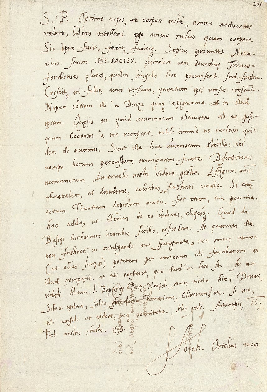 Autografbrev underskrevet til hans nevø, Jacob Cool (Jacobus Colius), Antwerpen, 2. februar 1595 (pen og blæk på papir) af Abraham Ortelius