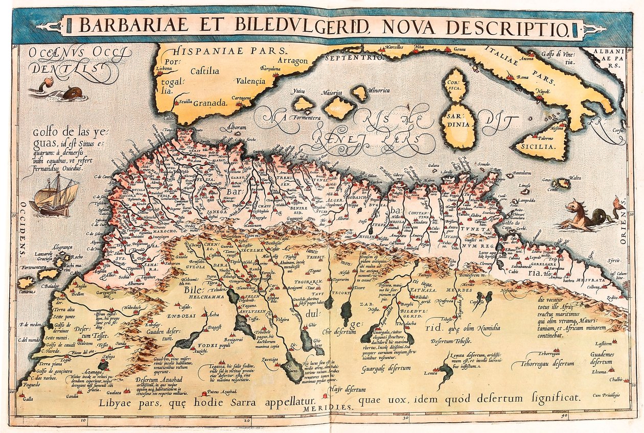 Barbariae og Biledulgerid, Ny Beskrivelse. Geografikort over det nordlige Afrika fra "Theatrum Orbis Terrarum" af Abraham Ortelius (Oertel, Ortell eller Ortel af Abraham Ortelius