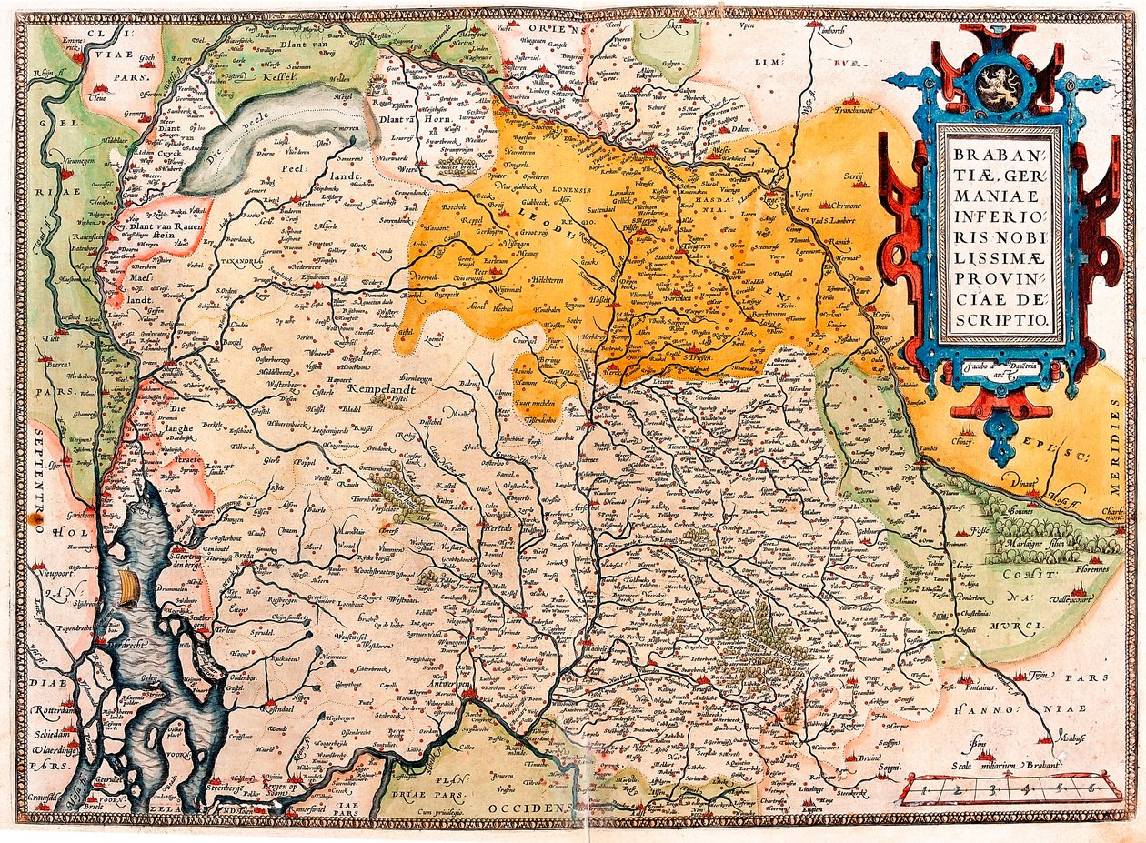 Geografisk kort over territoriet syd for Holland Germanic (Kempeland) taget fra "Theatrum Orbis Terrarum" af Abraham Ortelius (Oertel, Ortell eller Ortel af Abraham Ortelius