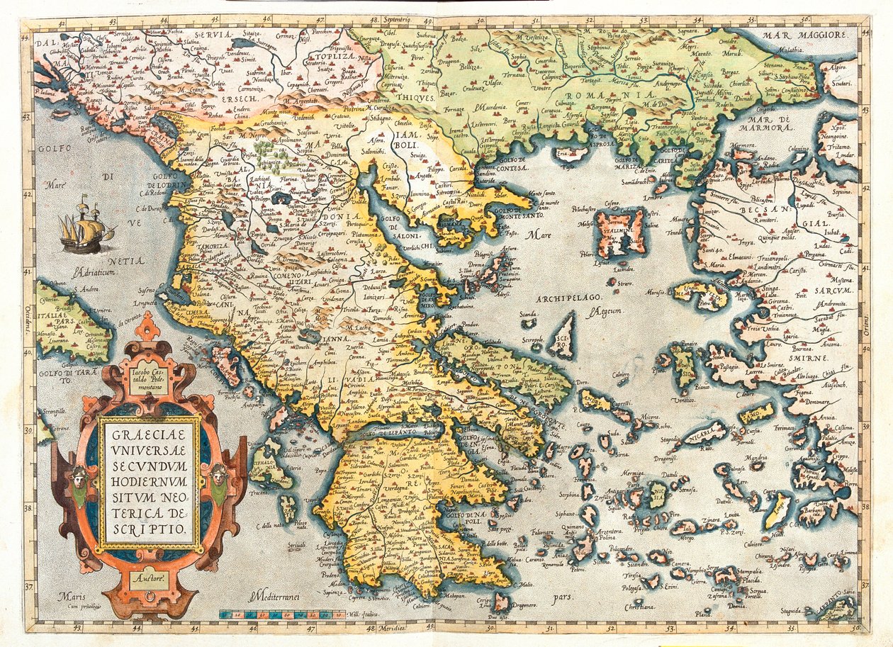Kroatien (amt: Dubrovnik-Neretva), det sydlige Bosnien-Hercegovina, det sydlige Serbien, det sydlige Bulgarien, Montenegro, Albanien, Makedonien, Grækenland, det vestlige Tyrkiet af Abraham Ortelius