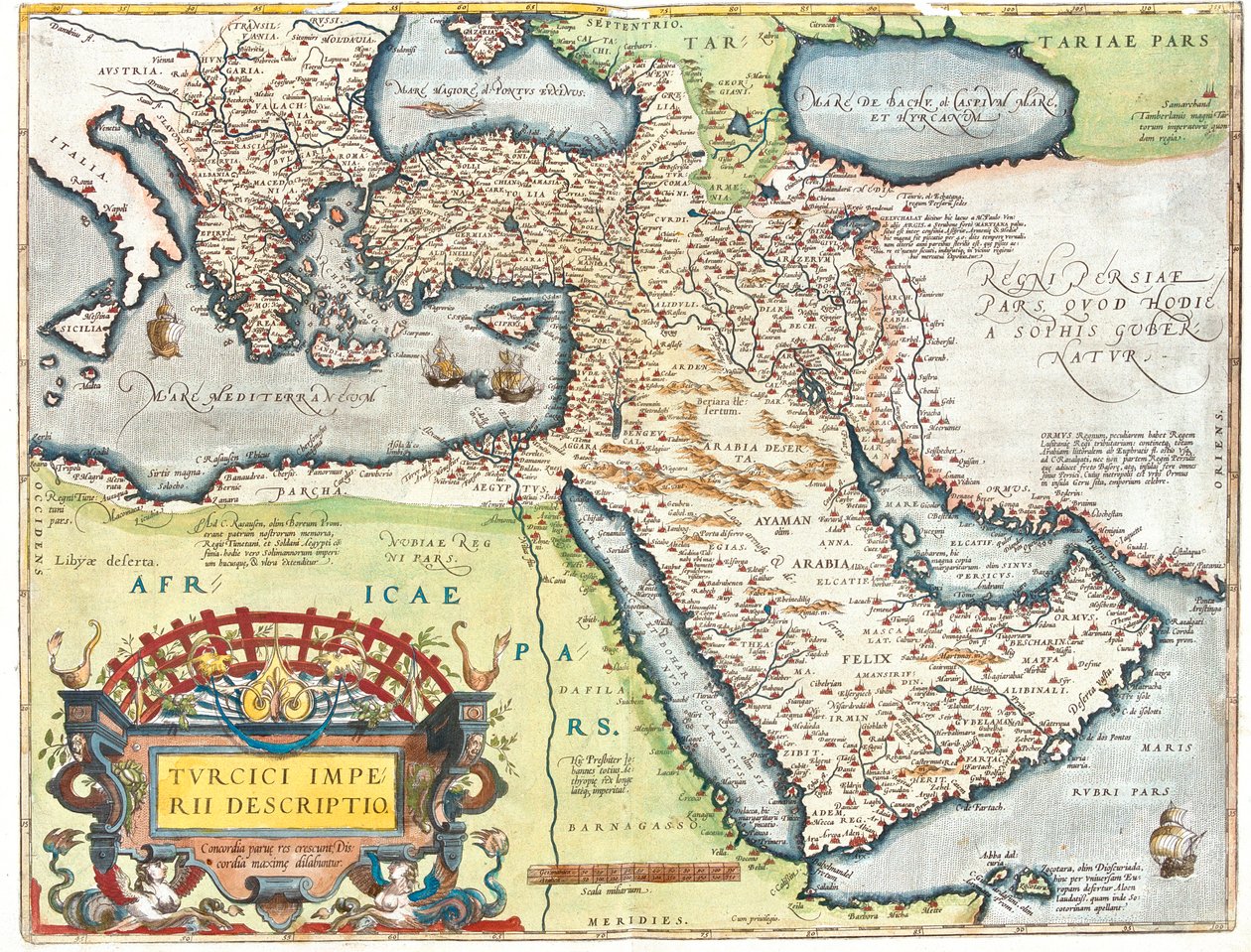 Kroatien, Rumænien, Bosnien-Hercegovina, Serbien, Bulgarien, Montenegro, Kosovo, Albanien, Makedonien, Grækenland, Tyrkiet, Sydrusland, Georgien, Aserbajdsjan, Armenien, Iran, Irak, Syrien, Libanon, Israel, Jordan, Saudi-Arabien, Kuwait, Qatar, Bahrain, De af Abraham Ortelius