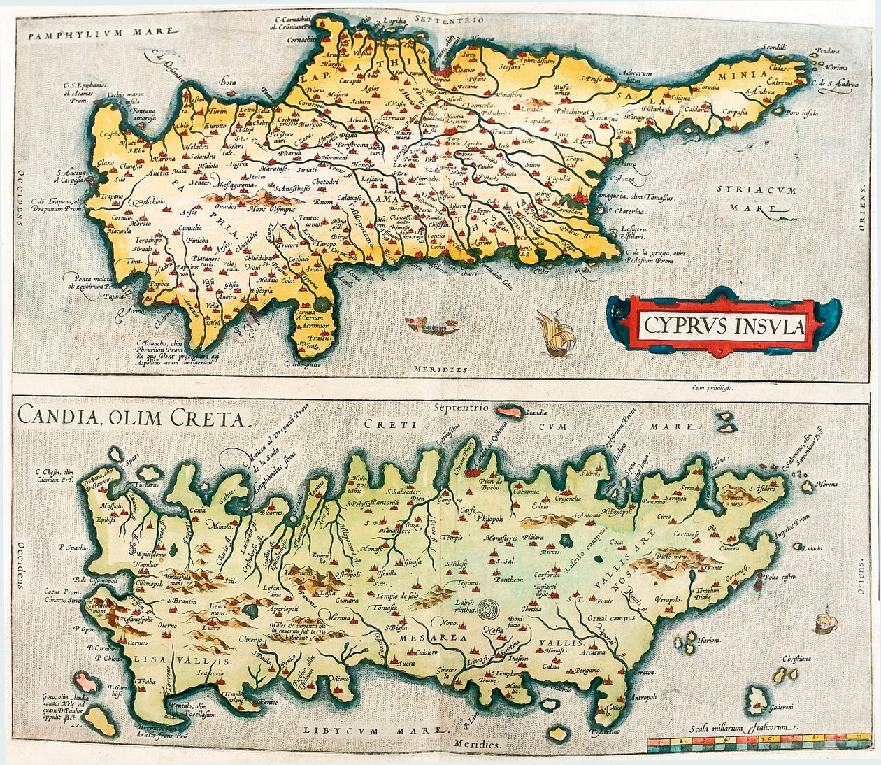 Cypern Island - Candia, tidligere Kreta Geografikort over Middelhavsøerne Cypern og Kreta i Grækenland fra "Theatrum Orbis Terrarum" af Abraham Ortelius (Oertel, Ortell eller Ortel af Abraham Ortelius