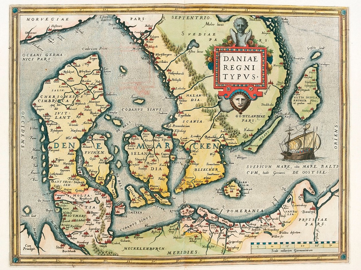 Kongeriget Danmark Type Geografikort over Danmarks og det sydlige Sveriges territorium fra "Theatrum Orbis Terrarum" af Abraham Ortelius (Oertel, Ortell eller Ortel af Abraham Ortelius