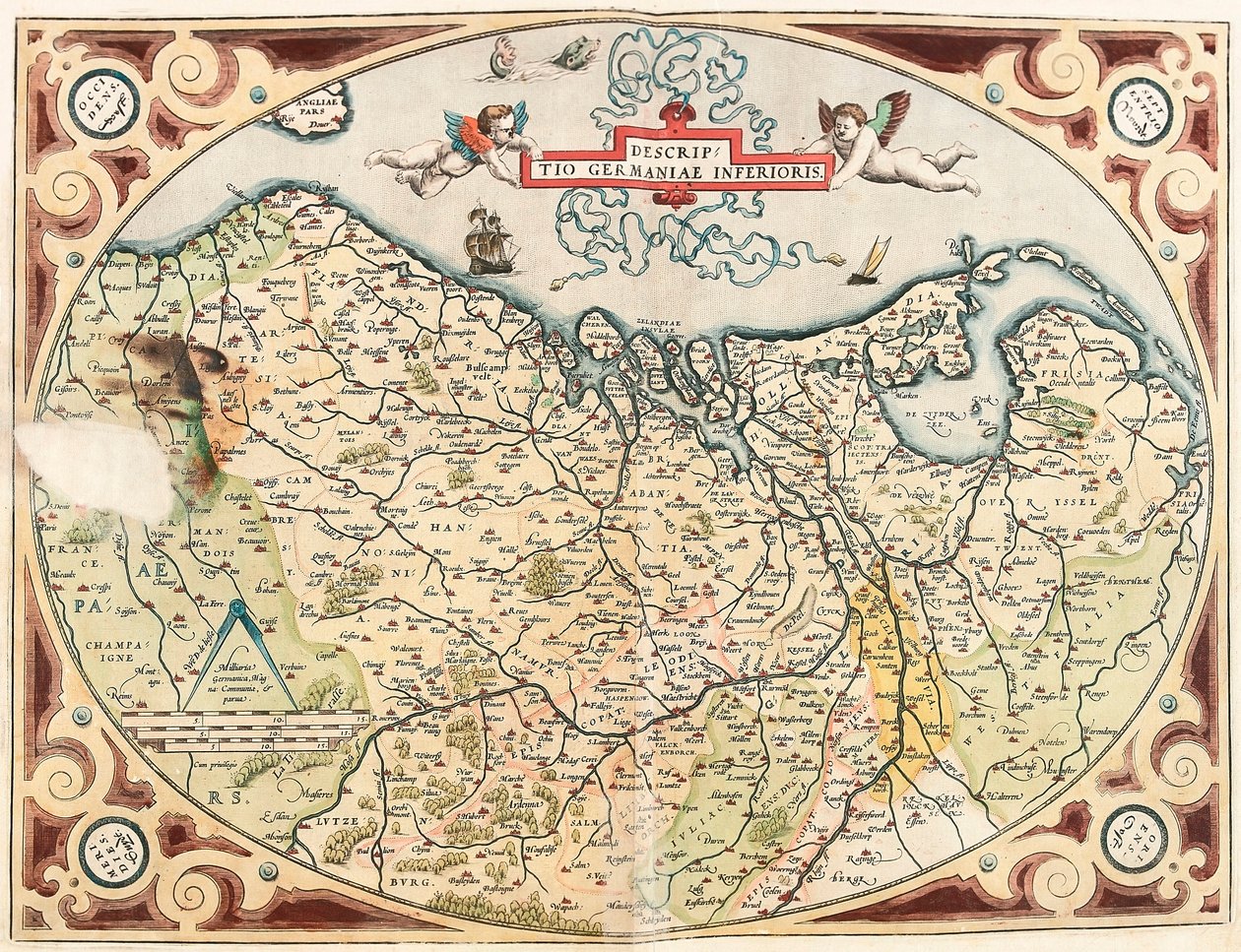 Descriptio Germaniae Inferioris Geografisk kort over det nederlandske territorium germansk fra "Theatrum Orbis Terrarum" af Abraham Ortelius (Oertel, Ortell eller Ortel af Abraham Ortelius